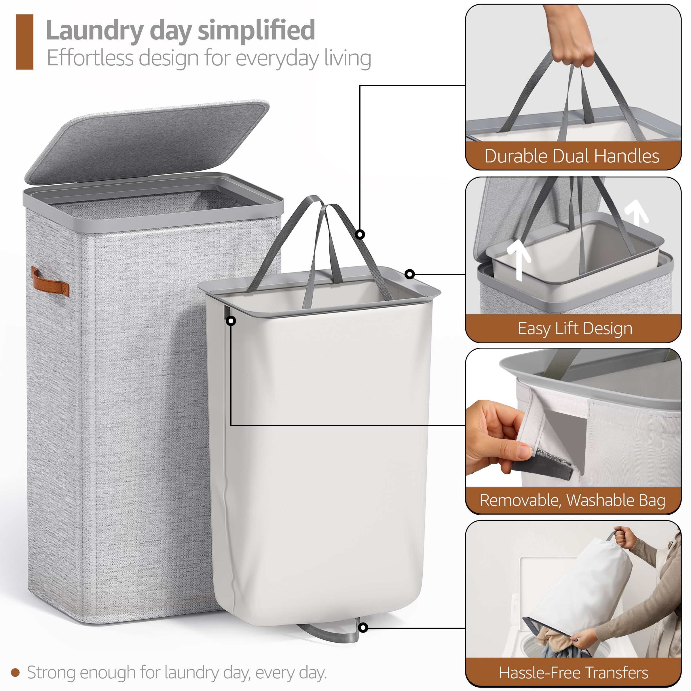 Sorbus Collapsible Fabric Laundry Hamper 2-Pack with Removable Bag, 1 Compartment, Gray