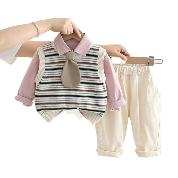 KYAIGUO Toddler Baby Girls Boys Suit, 4-Piece Sweater Suit Set with Shirt Bowtie Pants Infant Gentleman Wedding Outfit for 6M-5T
