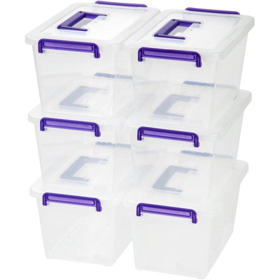 IRIS Medium Deep Modular Latching Box Purple Handle, 6 Pack, Clear