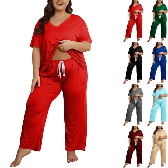 Kctiaxy Womens Pajama Sets Plus Size Solid Color Short Sleeves Loungewear 2 Piece Sets Casual V Neck Shirt and Full-Length Bottom Homewear