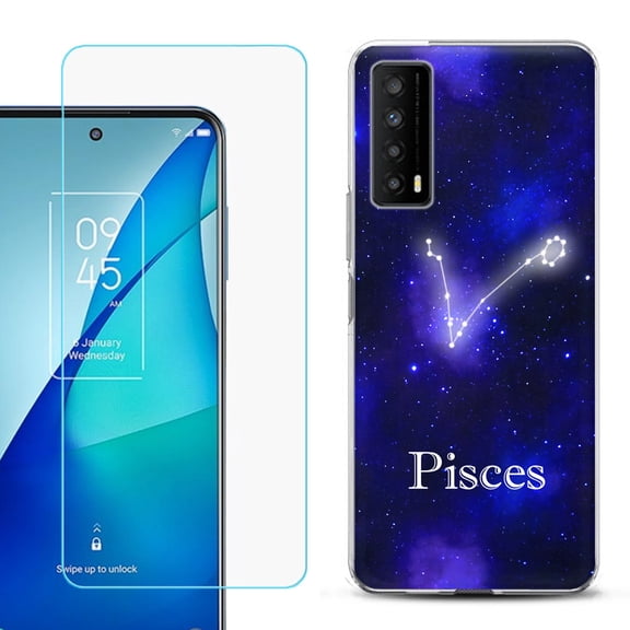 Slim-Fit Gel TPU Phone Case for TCL Stylus 5G, with Tempered Glass Screen Protector, by OneToughShield ® - Zodiac / Pisces