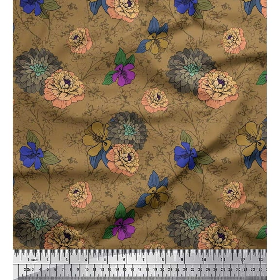 Soimoi Cotton Duck Fabric Leaves,Dahlia & Peony Floral Print Sewing Fabric Yard 42 Inch Wide