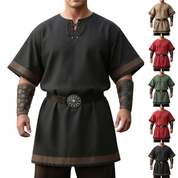 Men's Medieval Knight Viking Surcoat Retro Short Sleeve Lace Up Top Halloween Cosplay Pirate Costume (No Belt)
