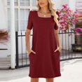 thumbnail image 1 of Pisexur Robe à Manches Courtes Col Carré Hauteur Genou Mode Femme Couleur Unie Col Rond Robes à Manches Courtes Blouses pour Femmes, 1 of 5