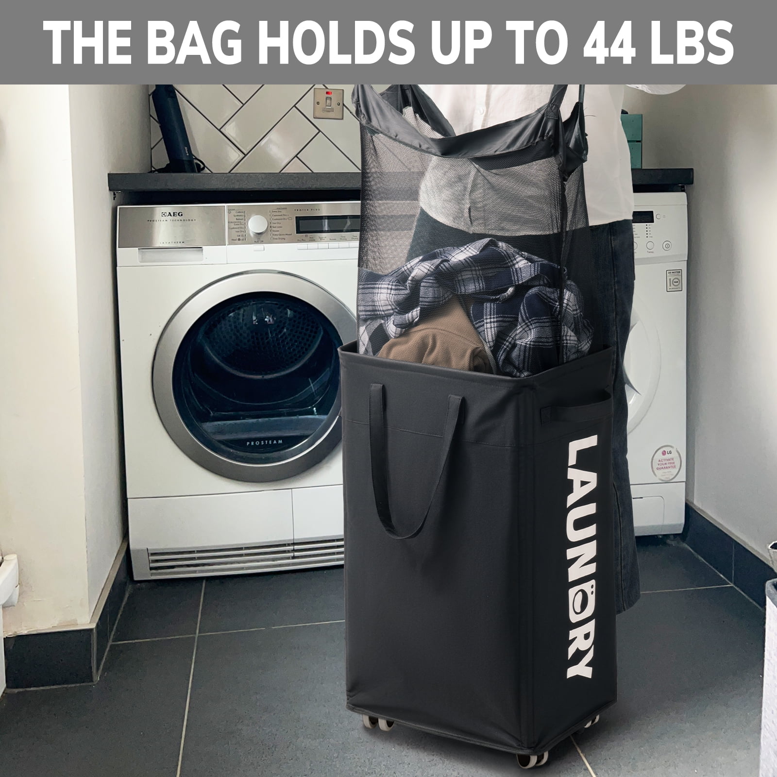 HiChen Laundry Hamper with Wheels, 75L Collapsible Rolling Laundry Basket with Removable Wash Bag, Foldable Clothes Organizer, Black