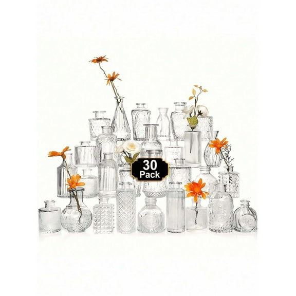 30 Sets of Glass Bud Vases in Bulk - Small Mini Cute Vintage Vases for Centerpiece, Flowers & Decor (Weddings, Valentine's Day, Home Dining Table)