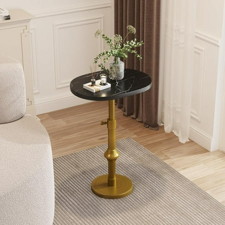 Adjustable-Height Pedestal Drink Table, Antique Brass Metal Plant Stand with Faux Marble Oval Tabletop, Side Table for Small Spaces, Living Room, Bedroom, Balcony, and Hotel Lobbies black-gold