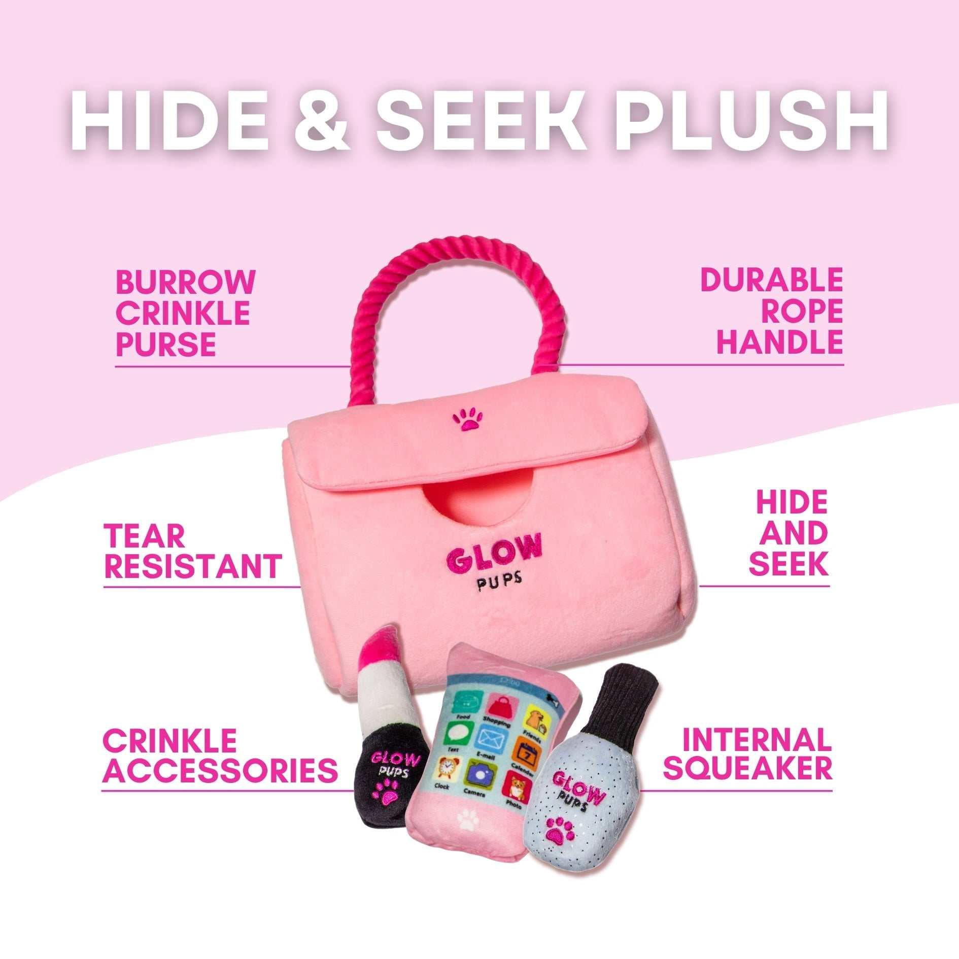 Glow Pups Washable Burrow & Hide and Seek Dog Toy with Plush Lipstick, Nail Polish and Cellphone, Pink Purse