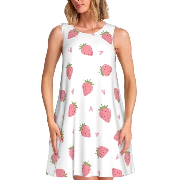 Easygdp Hand Drawn Strawberry para Vestido Transpirable de Mujer, Vestido Suelto de Manga Corta con Pliegues y Bolsillos para el Verano