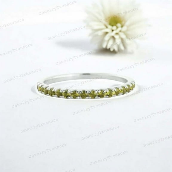JEWELRYTREASURE 925 Sterling Silver Band Green Peridot Wedding Band Stacking Women Jewelry Half Eternity Promise Ring August Birthstone Anniversary Gift for Wife
