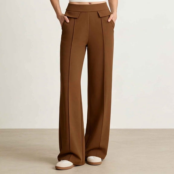 Admvng Pants for Women Straight Leg Elastic High Waisted Front Seams Flap Pockets Trousers