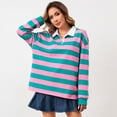 thumbnail image 3 of Women Long Sleeve Striped Polo Shirt Oversized Collar Y2k Pullover T Shirt Casual Loose Streetwear Rugby Sweatshirt，Light pink，M, 3 of 6