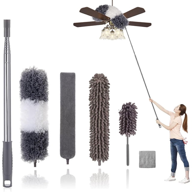Plumero Limpieza de 6 Packs, Plumero Telarañas Extensible con Palo de Ajuste, Plumero Retráctil Lavable de Microfibra, Sacudidor para Limpieza Polvo Techos/Abanicos/Ventanas/Muebles/Paredes
