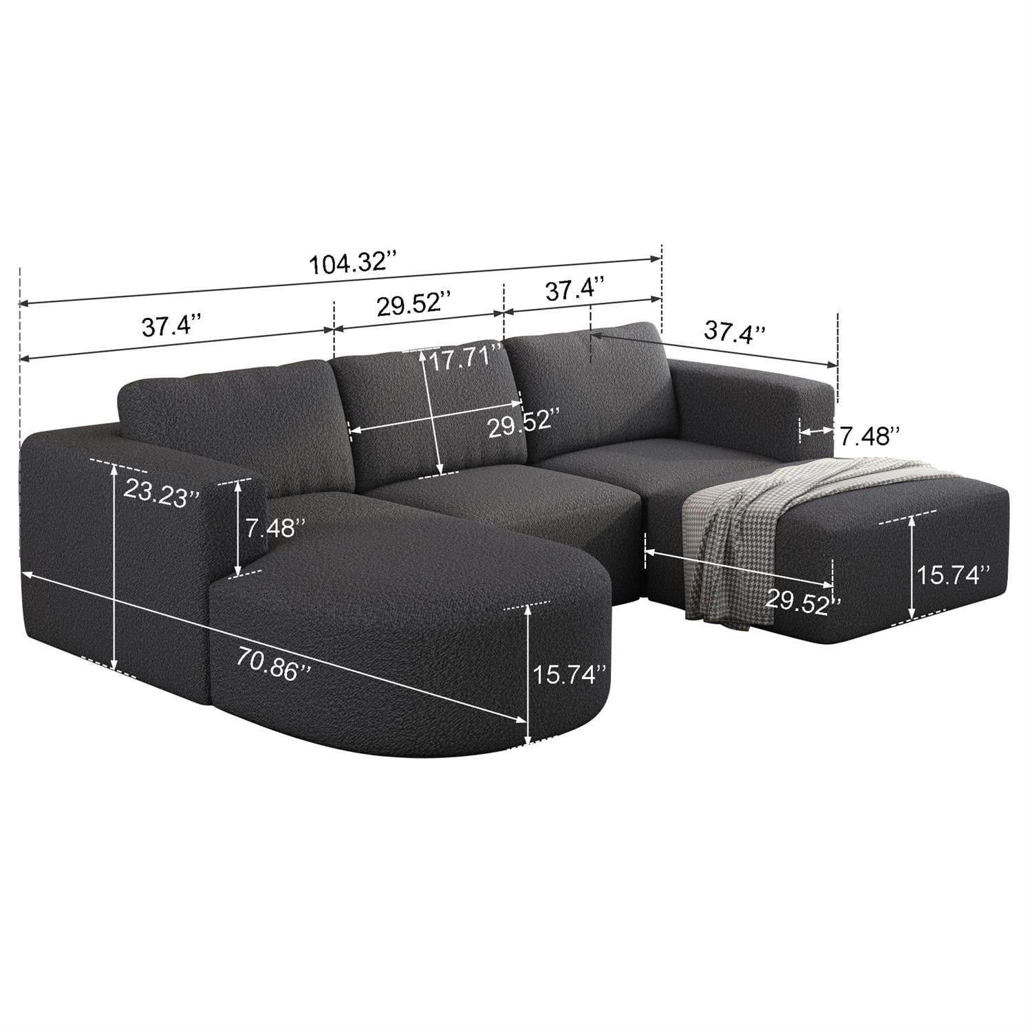 Demi Bonn 104" x 70" Modular Sectional Sofa Sleeper with Chaise and Ottoman, Convertible U-Shaped Couch Set for Relaxation & Guests, Gray