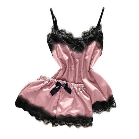 

TOYFUNNY Women V-Neck Eyelash Lace Stain Camisole Pajamas Bowknot Shorts Set