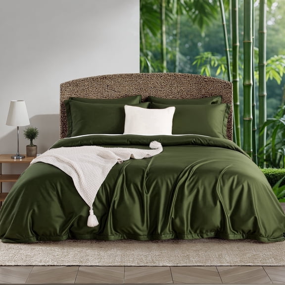 NEXHOME PRO Cooling Duvet Cover Queen Set, 100% Organic Viscose from Bamboo,Ultra Soft,1 Duvet Cover and 2 Pillowcases, 90"x90", Olive Green, Comforter Not Included