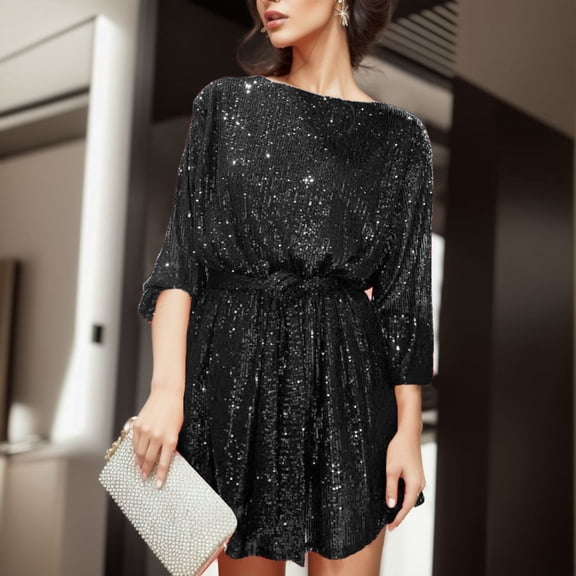 YMNXA Womens Dress Long Sleeve Round Neck Solid Color Sequin Elegant Comfortable Prom Dress For Evening Party Black L