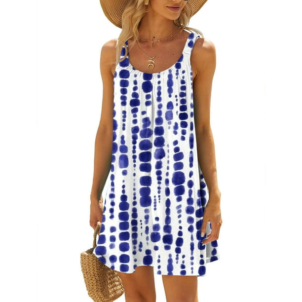 ICHUANYI Clearance Beach Dresses Women Sexy Hawaiian Tropical Printed Sleeveless Sling Mini Dress Summer Loose Comfy Boho Sundress(Blue, L) ICHUANYI WER2023081112986