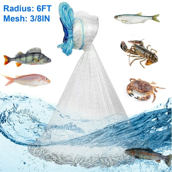 TeqHome 6ft Radius 3/8inch Mesh Saltwater Fishing Cast Net for Bait Trap Fish Casting Net with Heavy Duty Galvanized Steel Sinkers Easy Throw Fishing Net