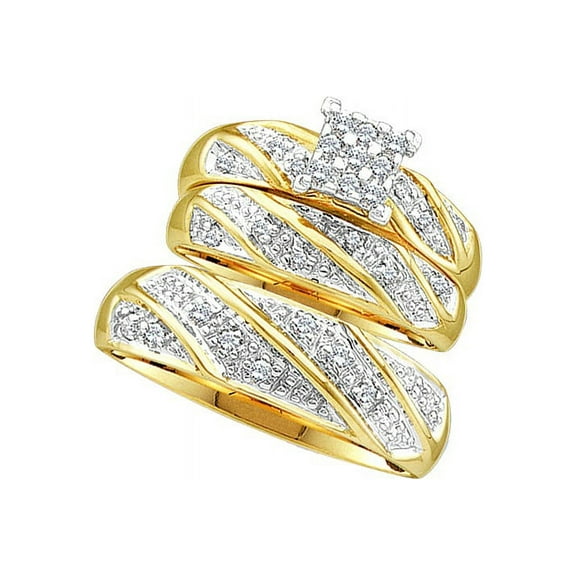 14kt Yellow Gold His & Hers Round Diamond Cluster Matching Bridal Wedding Ring Band Set 1/4 Cttw