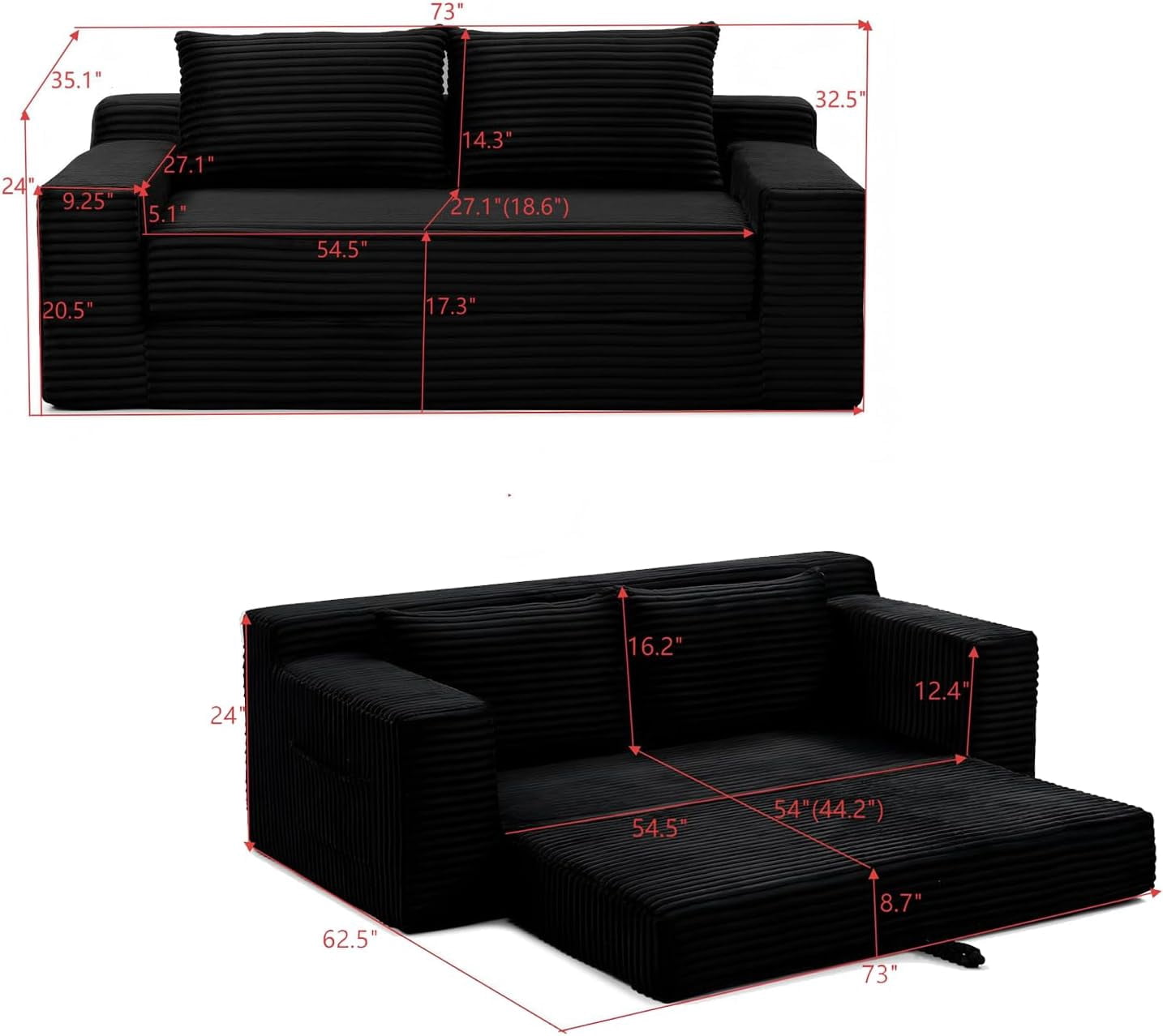 73" 2-in-1 Convertible Sofa Bed, Memory Foam Corduroy Loveseat, No Assembly, Black