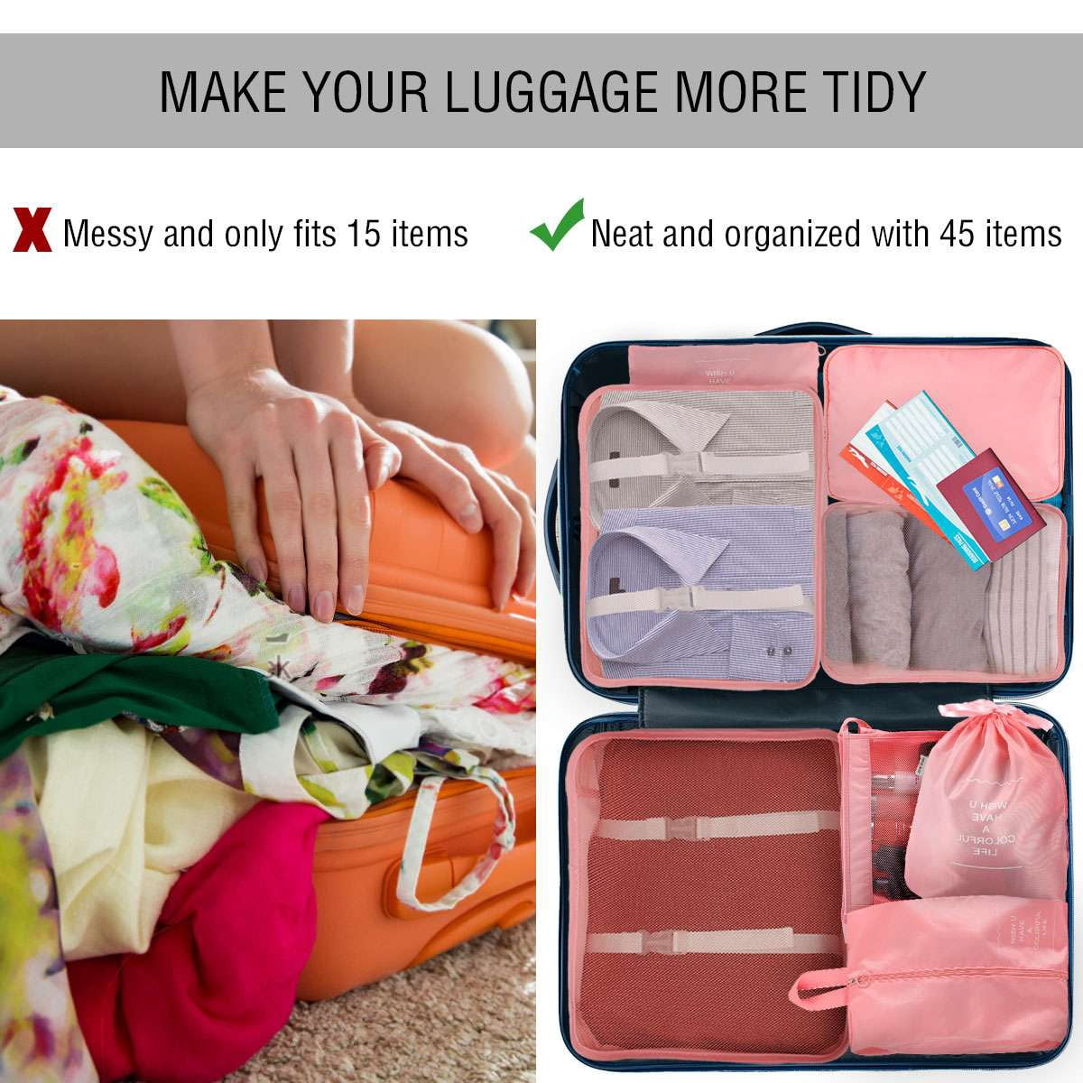 Gustave Luggage Packing Cubes for Travel, 8 Pcs Lightweight Suitcase Organizer Bags Set Foldable Packing Organizers Storage Bag for Carry on Luggage "Black"