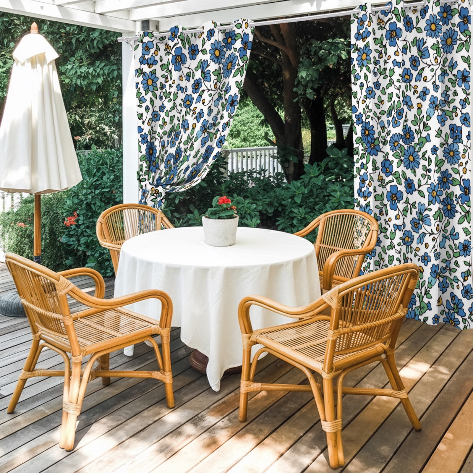 Blue Floral Outdoor Curtains for Patio, Botanical Farmhouse Nature Sunshade Privacy Drapes Grommet Waterproof Outside Curtains for Porch/Cabana/Balcony 54"x 108", 1 Panel