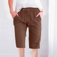 thumbnail image 2 of USSUMA Linen Shorts for Women Solid Color Bermuda Summer Fashion Elastic Waist Casual with Pocket Comfy Shorts Straight Pants Half Shorts Linen Wide Legs Shorts for Women Brown L, 2 of 5