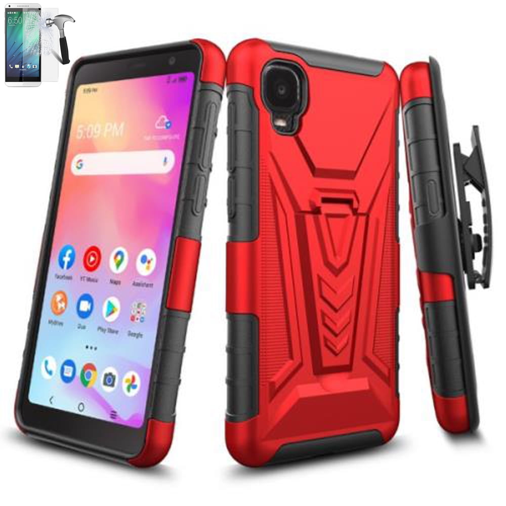 Phone Case For TCL A3 with  Screen Protector / TCL A30 Shock Absorbing Build-in Kickstand with Holster Belt Clip (Holster Red +Tempered Glass)