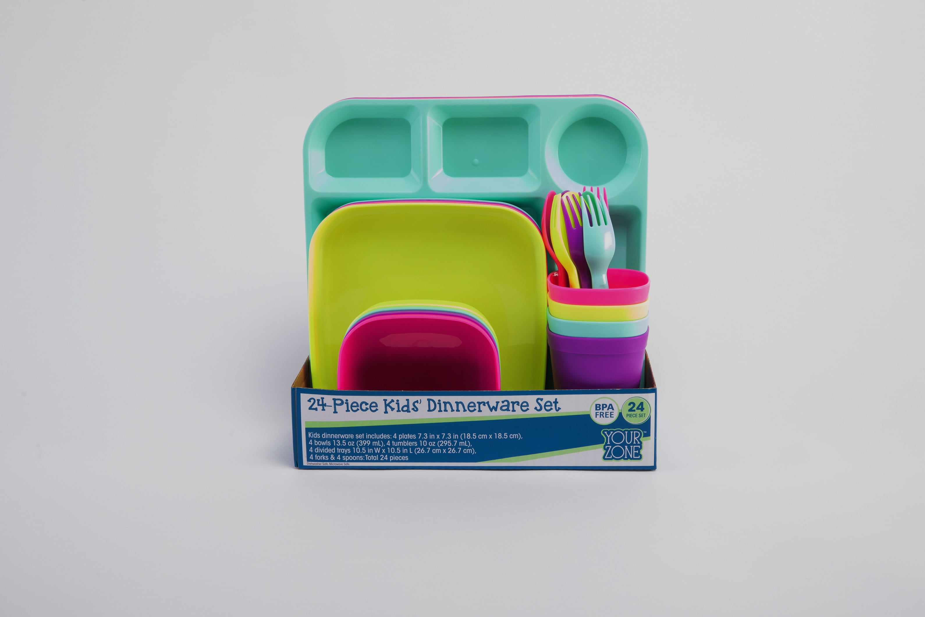Your Zone 24 Piece Plastic Dinnerware Set for Kids with 4 Each Trays Bowls Plates Cups Forks Spoons in Orange Blue Aqua Green
