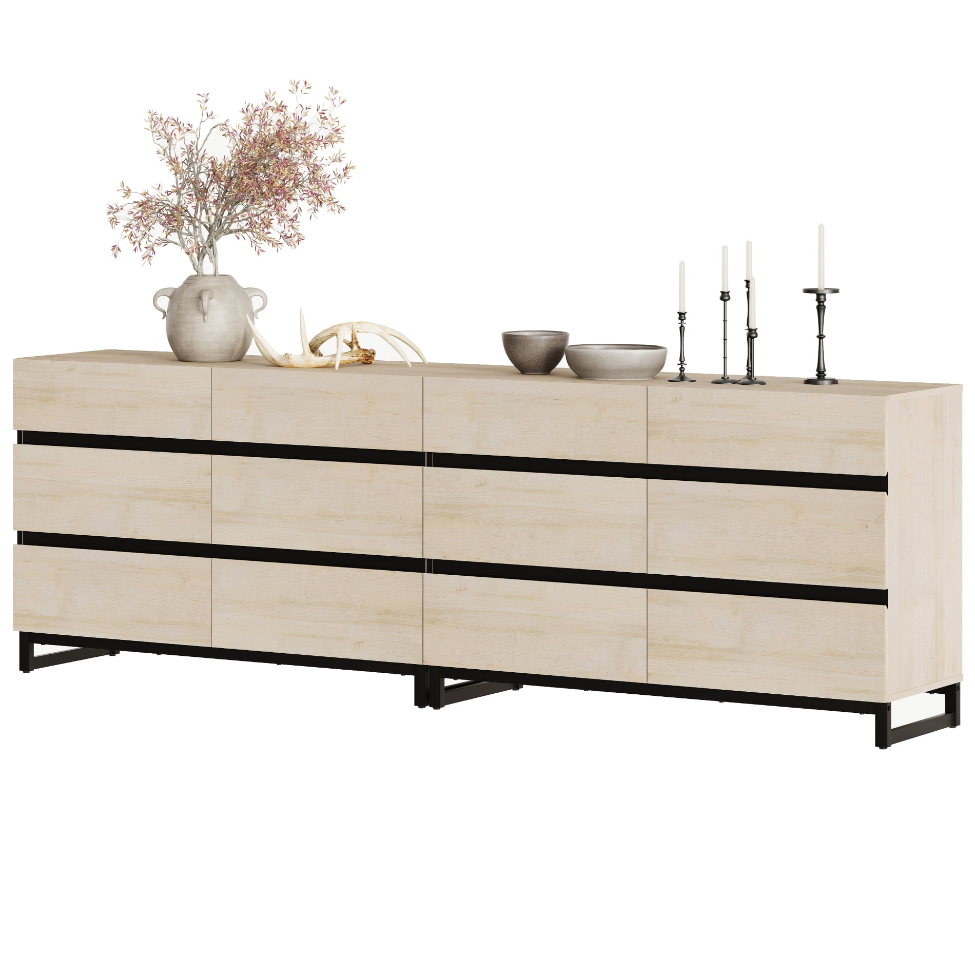 WAMPAT 12-Drawer Buffet Sideboard, Modern Large-Capacity Coffee Bar Cabinet with Smooth-Glide Drawers and Metal Base, Wooden Storage Organizer for Home, Beige