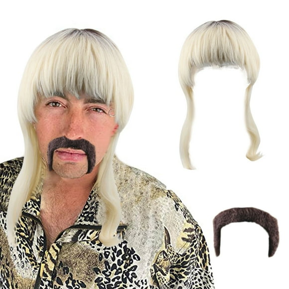CEHVOM Exotic Cosplay Blonde Wig with Clip Earrings and Mustache Fits Kids Adults