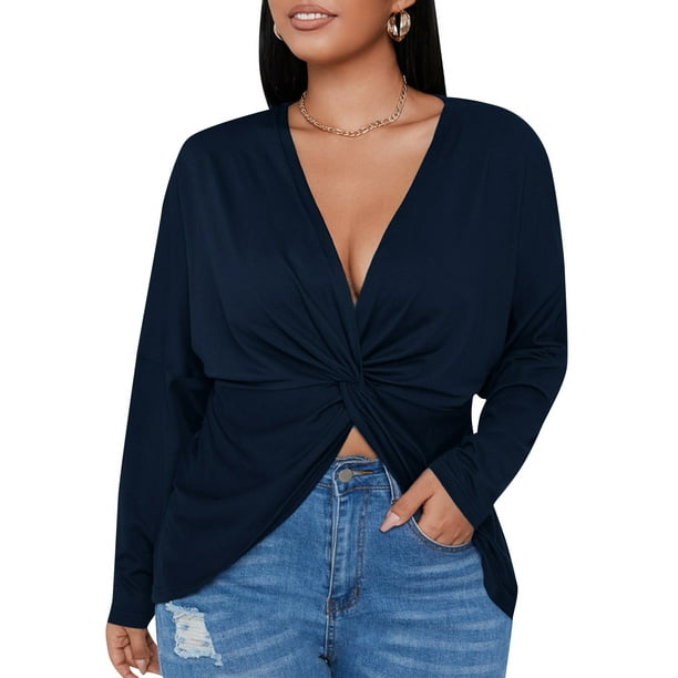 Camiseta de mujer de manga larga con escote en V y diseño irregular torcido en talla grande