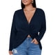thumbnail image 1 of Camiseta de mujer de manga larga con escote en V y diseño irregular torcido en talla grande, 1 of 8