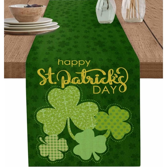 St. Patricks Day Green Table Runner, Linen Burlap Lucky Shamrock Table Runners 72 Inches Long, St. Pat''s Day Spring March Table Runner for Dresser, Party, Living Room, Dining Table Decor 14"x72"