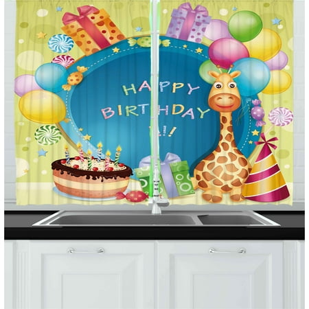 Kids Birthday Curtains 2 Panels Set, Congratulation Best Wishes on the Blue Color Backdrop Party Balloons Print, Window Drapes for Living Room Bedroom, 55W X 39L Inches, Multicolor, by
