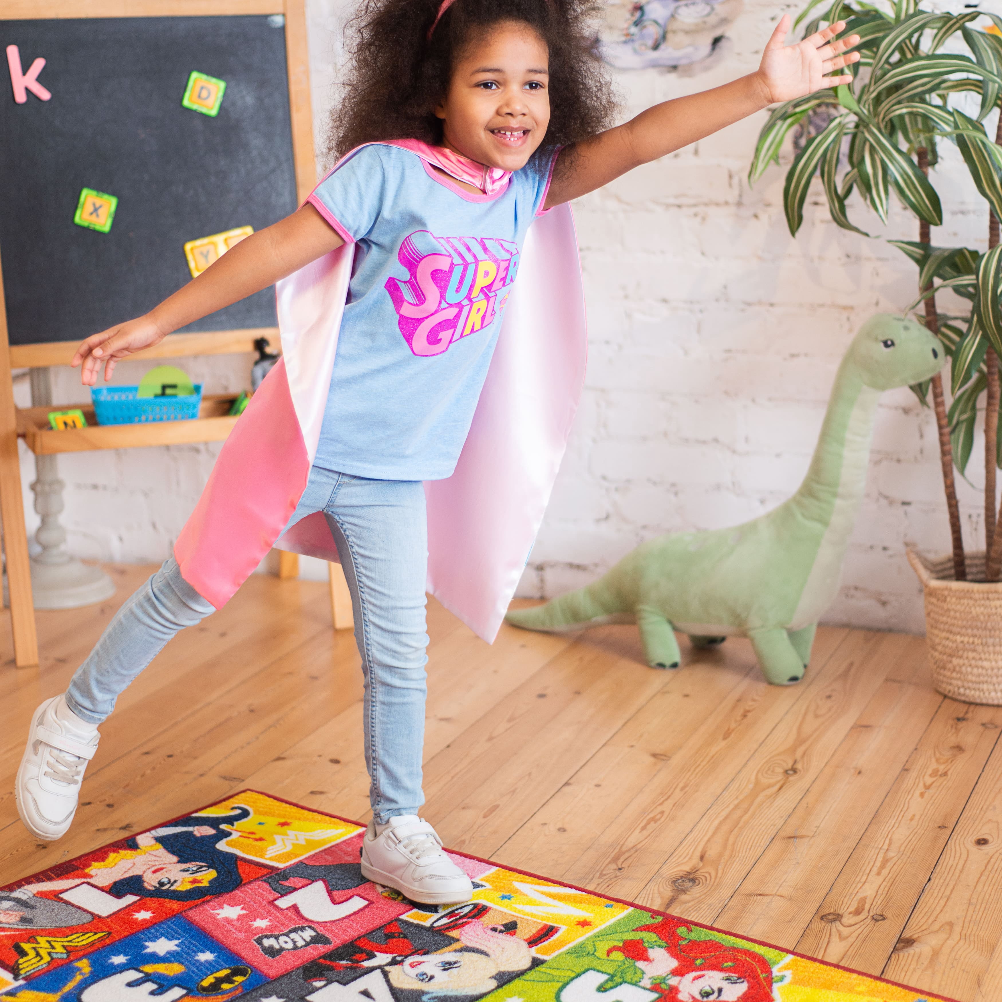 KC Cubs | Justice League Girls Hopscotch Number Counting Activity Educational Learning & Fun Game Play Area Non-Slip Rug Carpet for Kids and Children Bedrooms, Classroom and Playroom