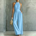 thumbnail image 5 of AJGRHE Women's Elegant Halter Jumpsuit Summer Cut Out Wide Leg Dressy Casual Romper Sleeveless Neck Jumpsuit Loose Wide Leg Elegant Waist Cinching Piece Blue XL, 5 of 8
