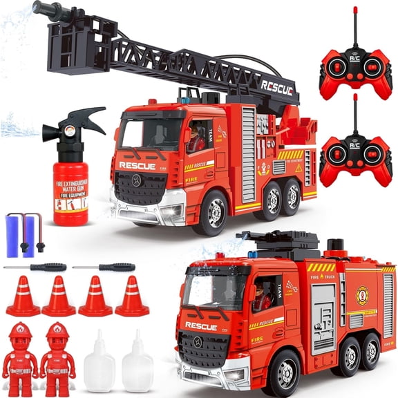 Mostop RC Fire Truck Toy, 2-in-1 Remote Control Rescue Fire Engine Toy, 2.4GHZ Fireman Electric Truck with LED Lights & Music, Red Toy for 3 Year Old Kids