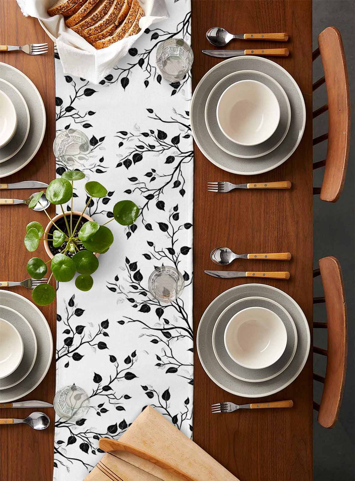 Black White Leaves Table Runner Minimalist Natural Trees Watercolor Tablerunners 13 x 90 Inch, Table Decorations Tabletop Scarf for Summer Gathering Holiday Farmhouse Kitchen Dining Decor
