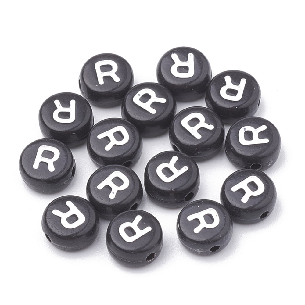 Opaque Acrylic Beads Horizontal Hole Alphabet style Flat Round Letter.R 7x4mm Hole: 1.5mm about 3700pcs/500g