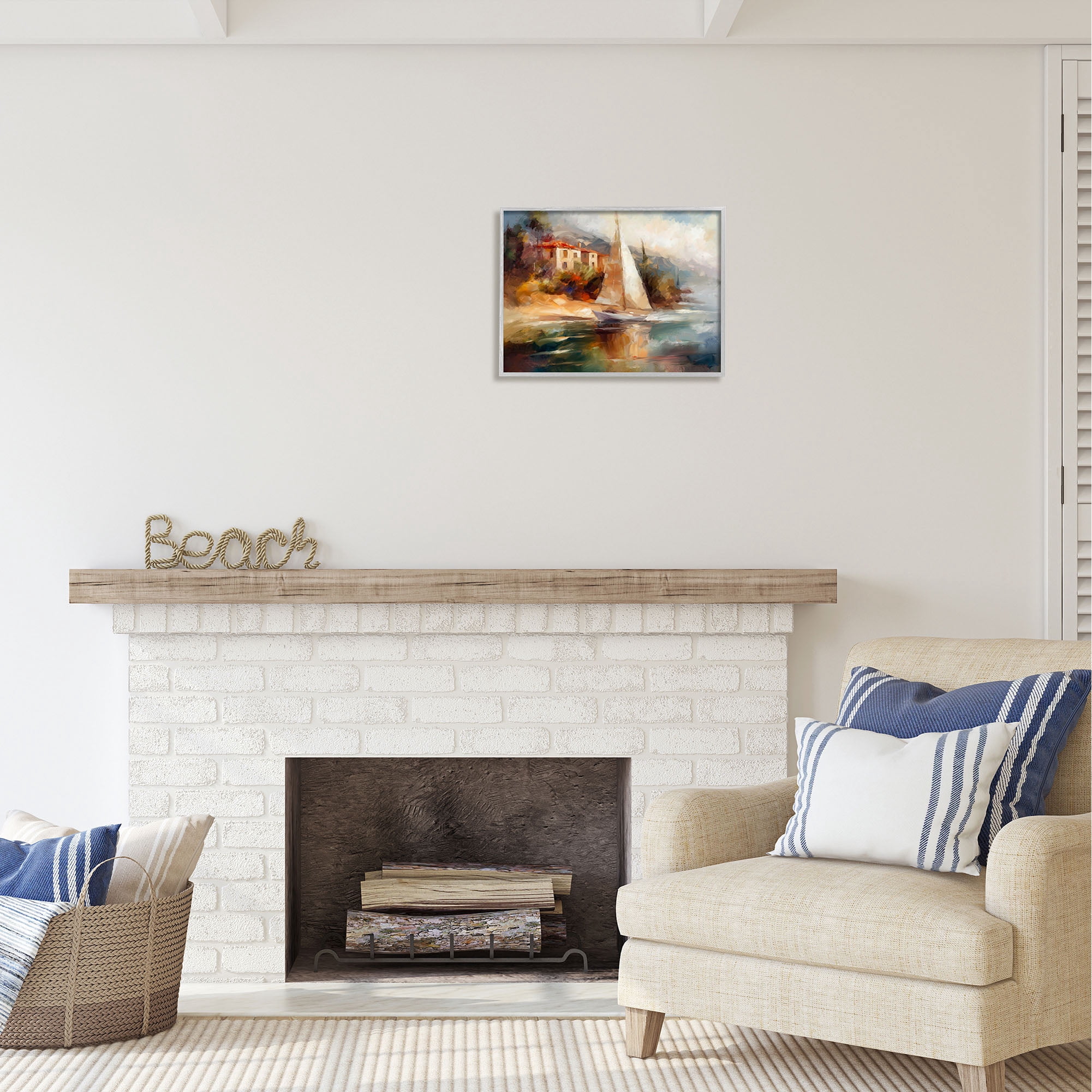 Stupell Industries Sailboat by Town Shore Transportation Painting Gray Framed Art Print Wall Art, 20 x 16
