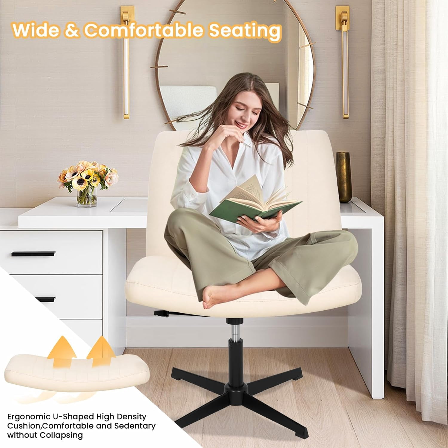 XF XINFENG Criss Cross Chair with back Armless Home/Office Chair No Wheels Modern Swivel Height Adjustable Ergonomic Desk Chair with Wide Seat Computer Task Vanity,Beige