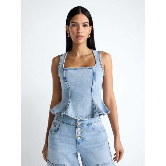 Devil Wears Prada Scoop Collection Women’s Peplum Hem Denim Top, Sizes 0-22W