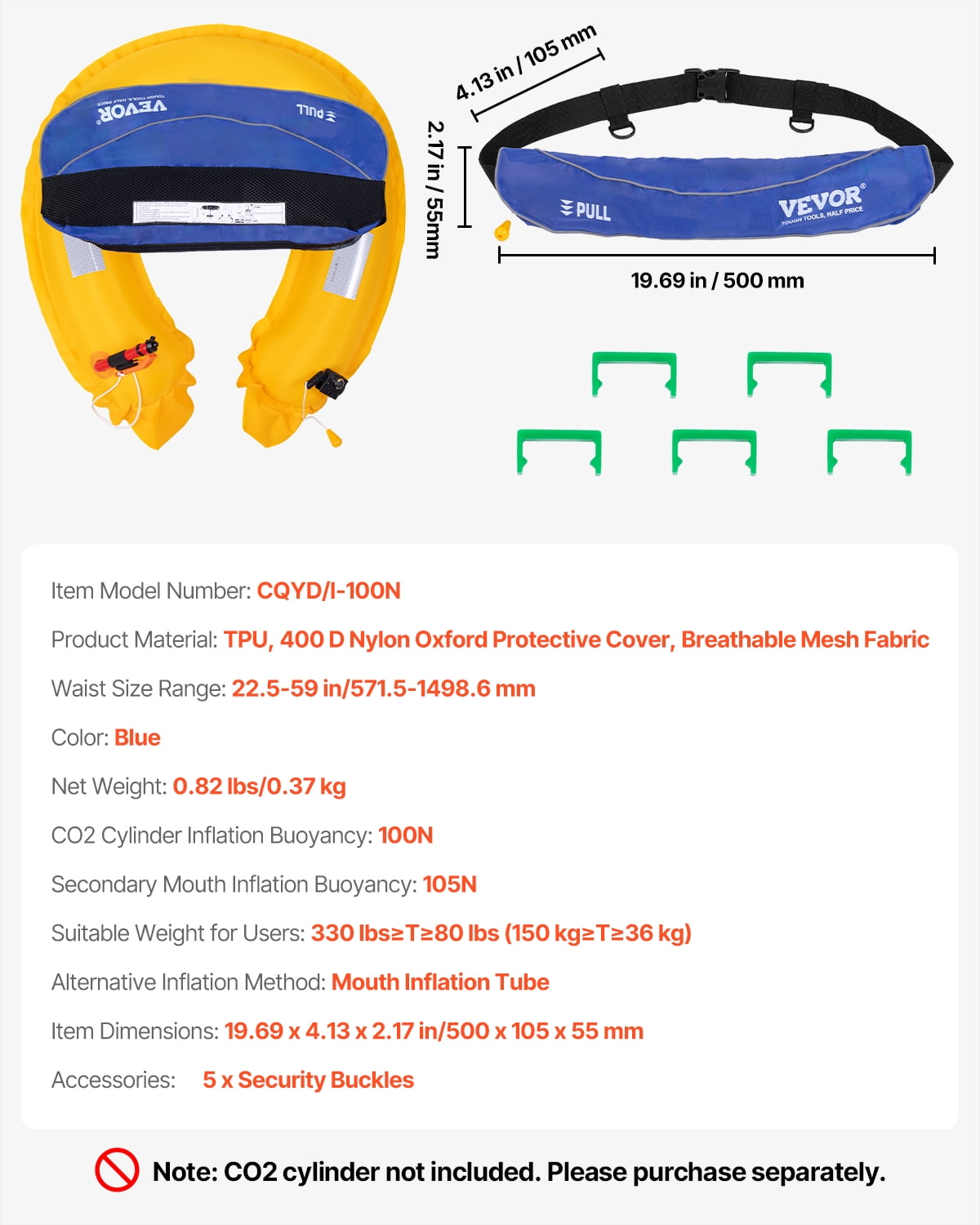VEVOR Manual Inflatable Belt Pack for Adults, 105N Buoyancy, Over 80 Pounds and Up to 59 in Waist Adjustable, Inflatable PFD Waist for SUP Paddelboarding, Kayaking, Blue (CO2 Cylinder Not Included)