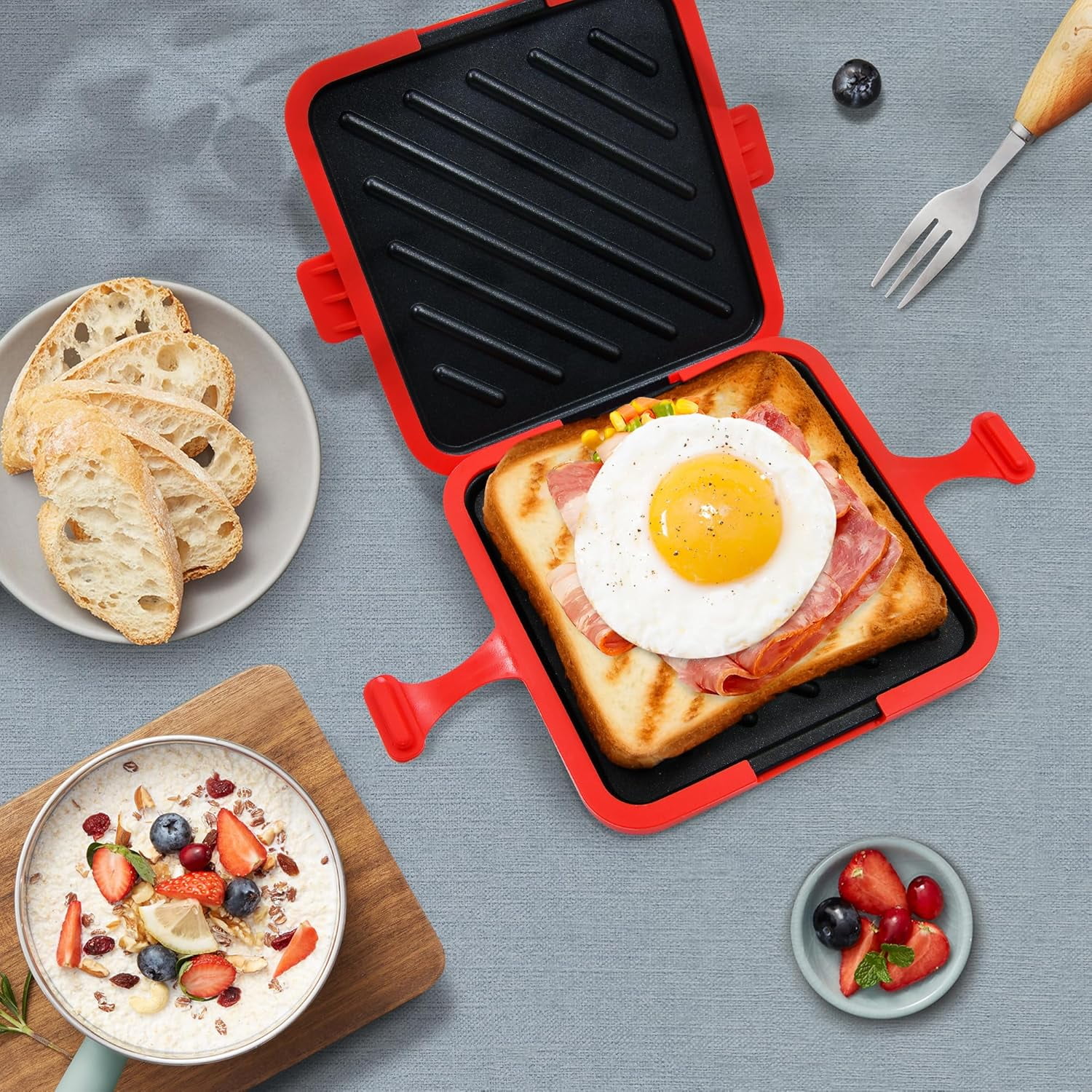 Microwave Sandwich Press Maker, Quick 2-Min Toastie, Panini, & Grilled Cheese Maker, No Power Cords, Wireless, Dishwasher Safe & Easy Clean, Red
