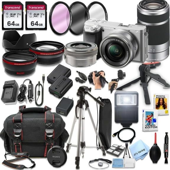 Sony a6400 (Silver) Mirrorless Camera with16-50mm & 55-210mm Zoom Lenses   128GB SD Card and More (International Version)