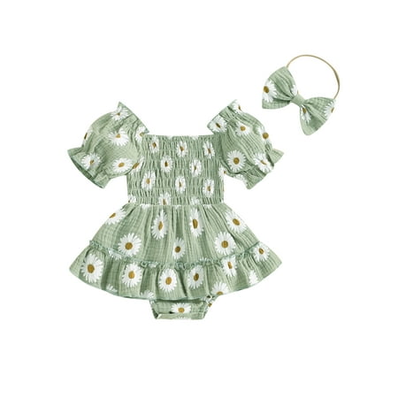 

ESASSALY Baby Girls Romper Dress Daisy Print Short Sleeve Jumpsuit Headband