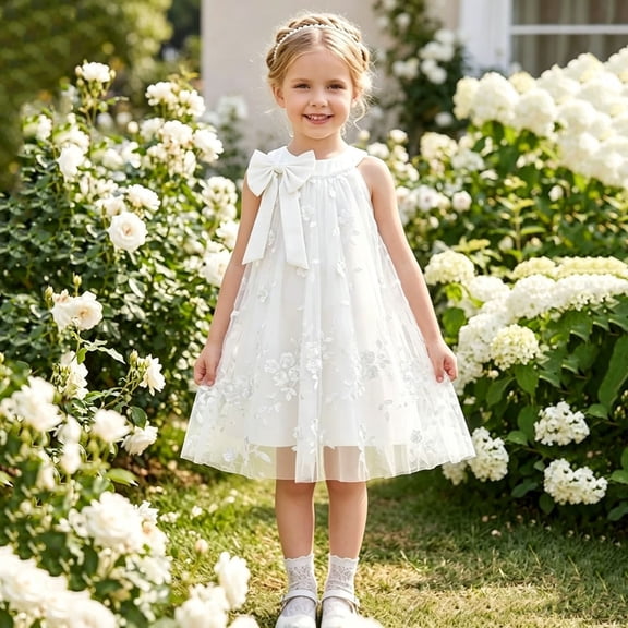 Angala Everyday And Party Dress For Girls Sleeveless Crew Neck Floral Embroidered With Bowknot Girls Back To School Dresses
