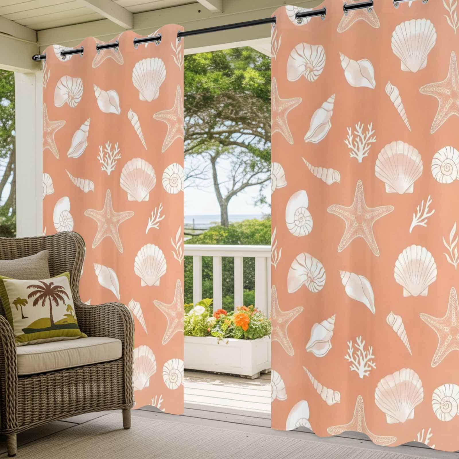 Marine Life Outdoor Curtains for Patio, White Starfish Shell Conch Coral Gradient Orange Sunshade Privacy Drapes Grommet Waterproof Outside Curtains for Porch/Cabana/Balcony 54"x 108", 1 Panel